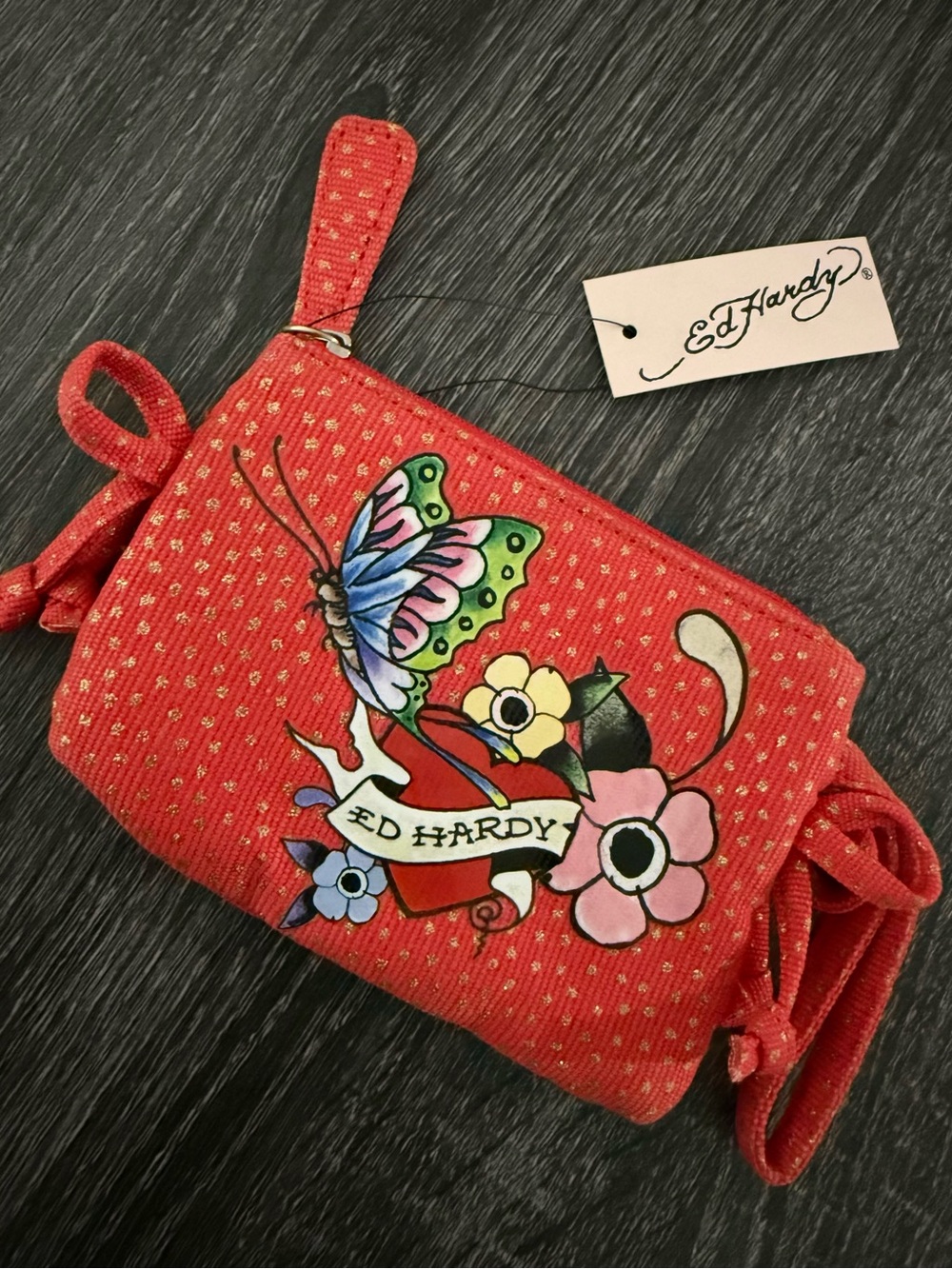 NWT Ed Hardy wallet coin purse wristlet red butterfly flowers heart SO cute